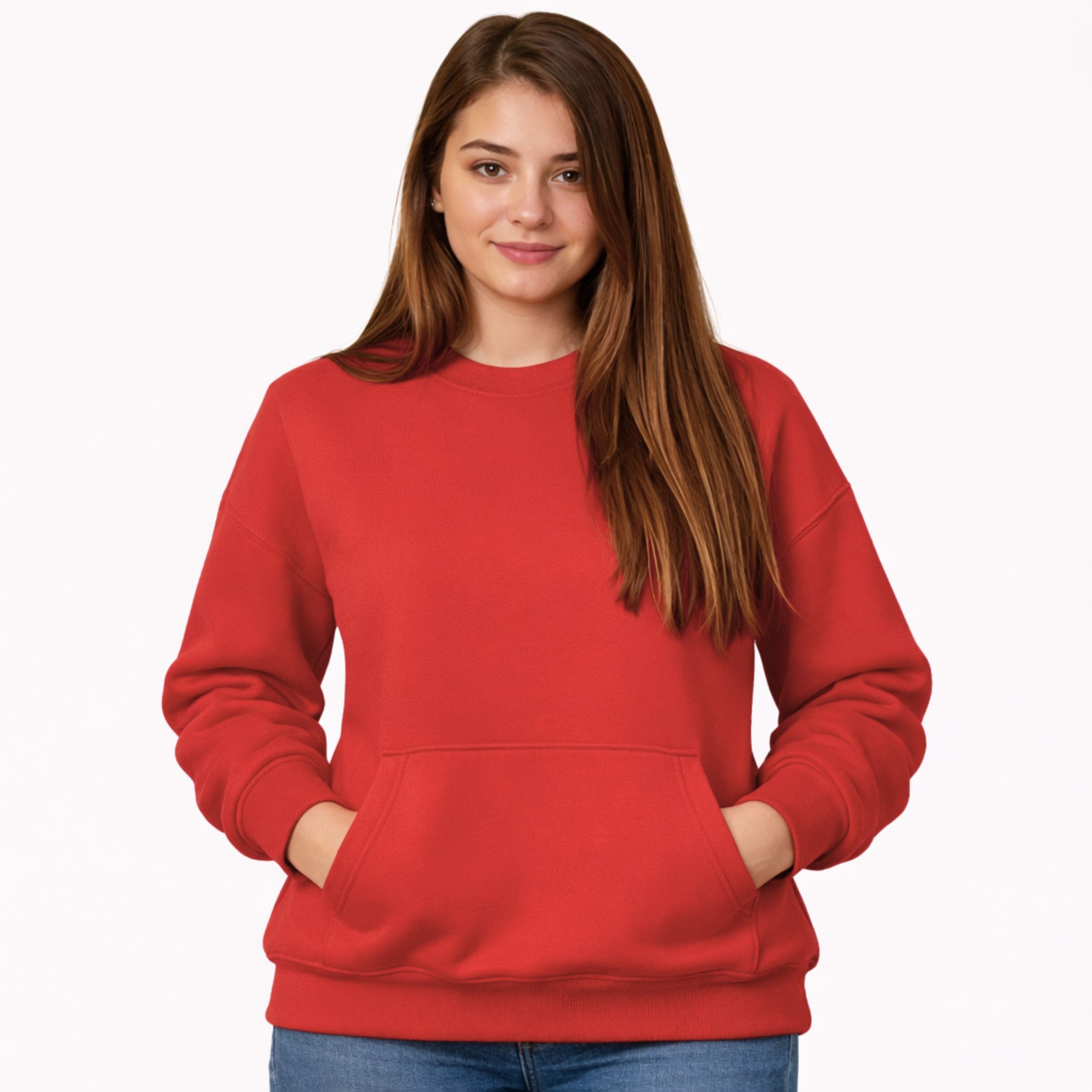 Red Cotton Front Pocket Sweatshirt for Women