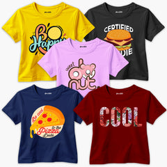 Pack of 5 Happy Certified Donut Cool Dude Printed Summer T-Shirts For Girls