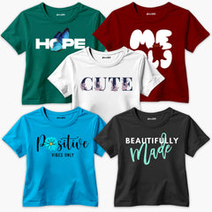 Pack of 5 Hope Positive Beautifully Forever Cute Printed Summer T-Shirts For Girls