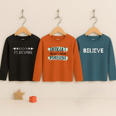 Pack of 3 Just Believe Quote Print Long Sleeve T-Shirts for Tween Kids