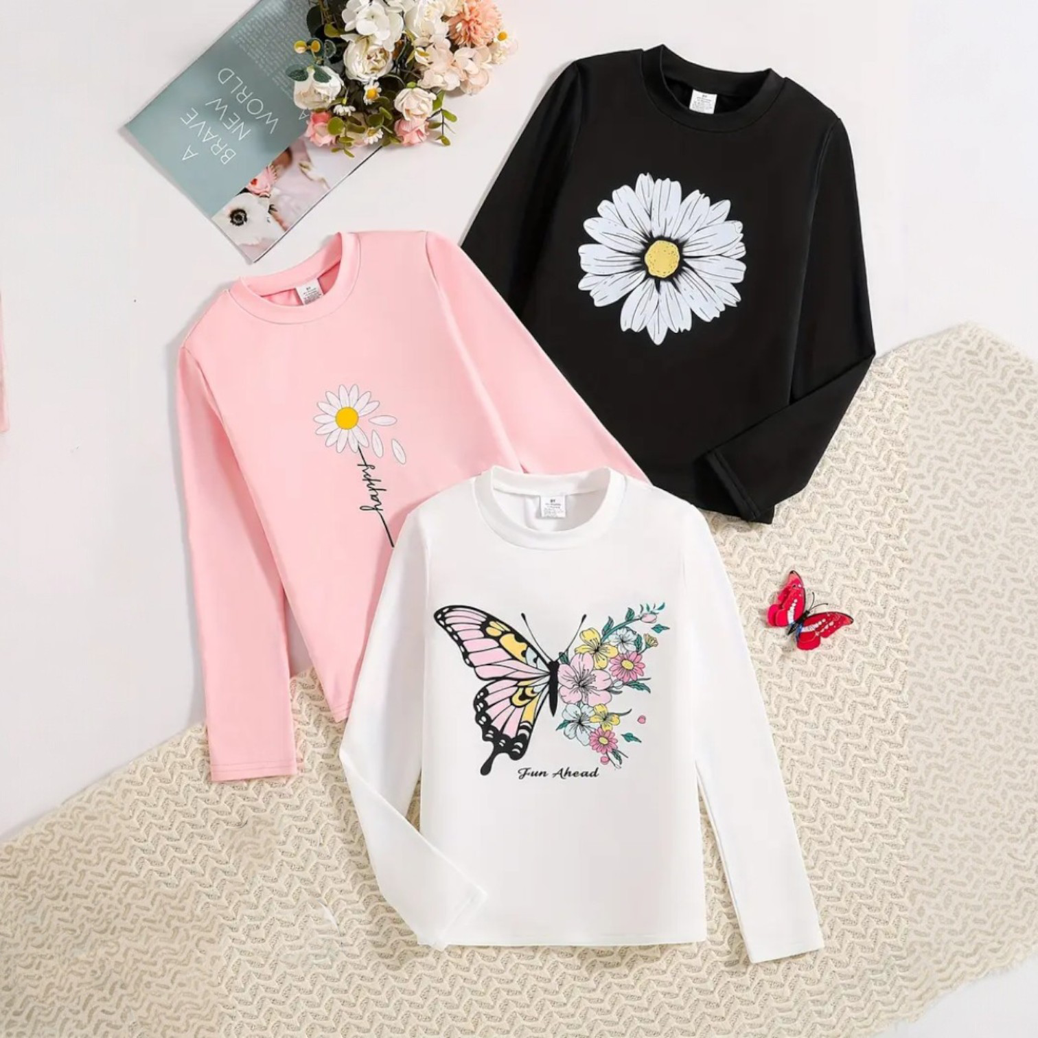Pack of 3 Floral Sunflower Butterfly Printed Long Sleeve T-Shirts for Girls