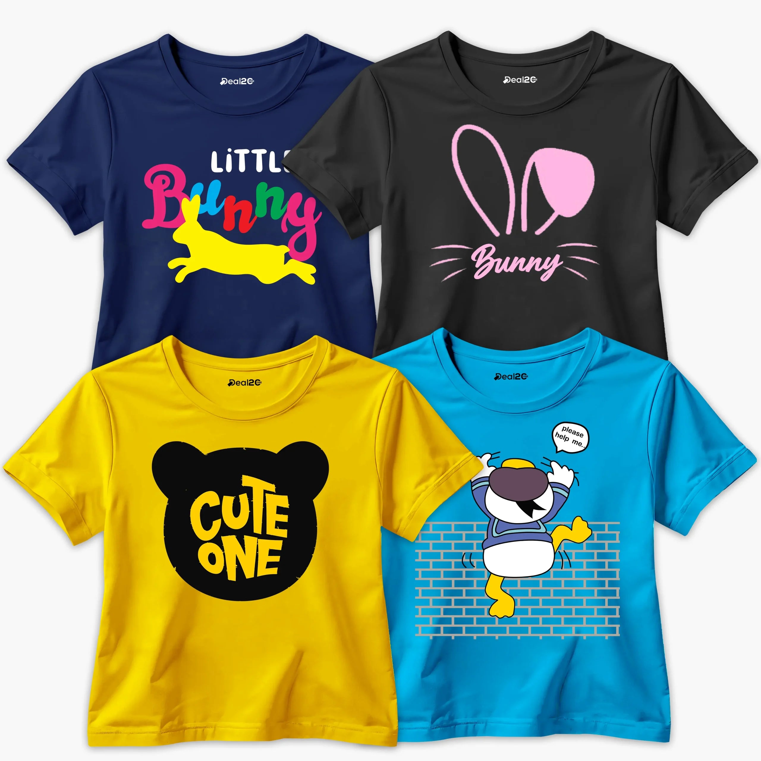 Pack of 4 Little Cute Bunny Printed Summer T-Shirts For Girls