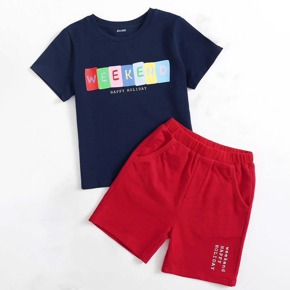 Weekend Happy Holiday Navy Red Contrast Printed Summer Short Suit