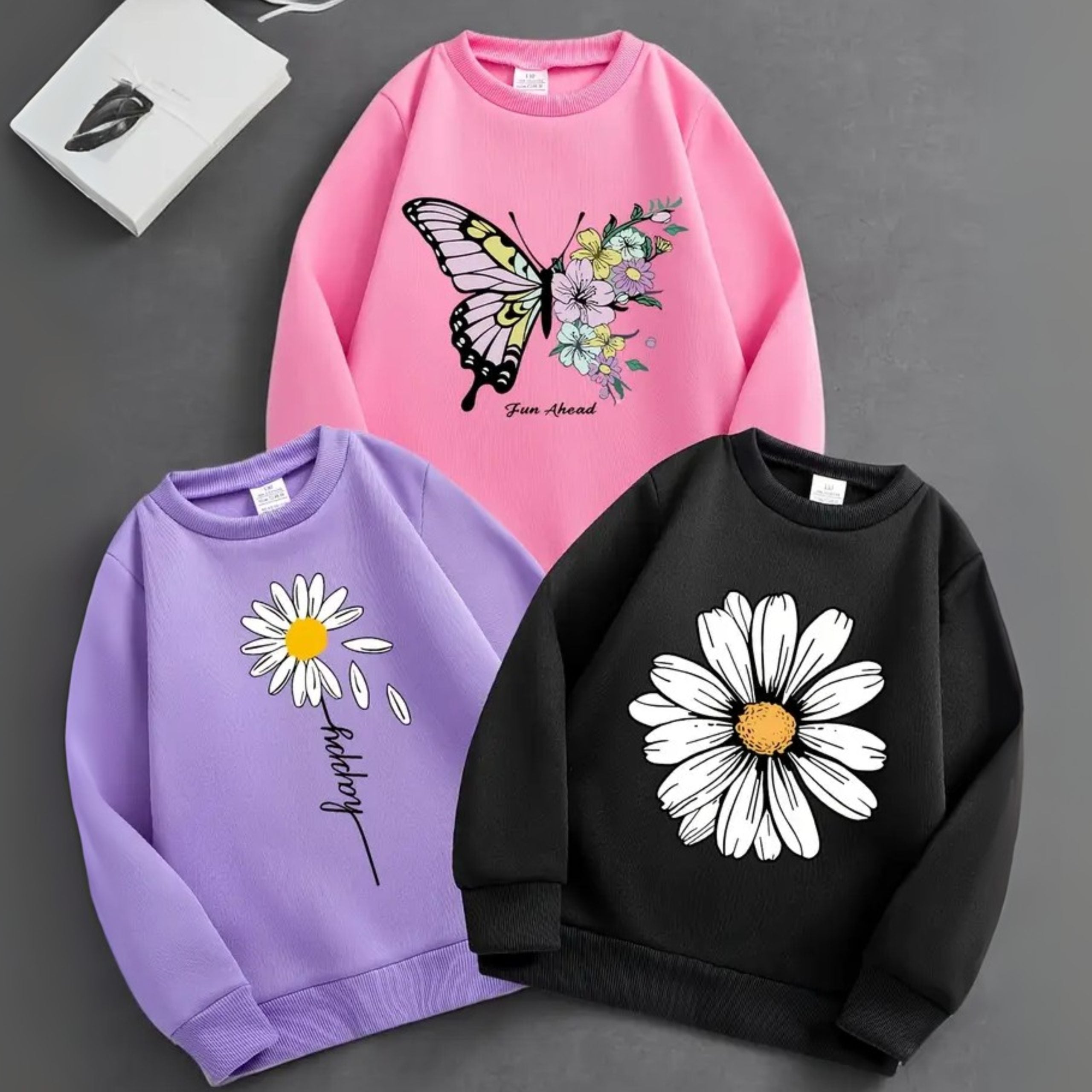 Pack of 3 Flower & Butterfly Printed Sweatshirts for Girls