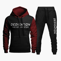 Black and Maroon Dedication Printed Contrast Hooded Tracksuit