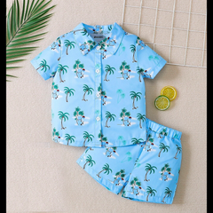 Kids Sky Blue Palm Tree Printed Summer Short Suit