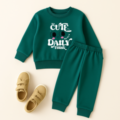Green Cute Daily Printed Sweatshirt Tracksuit for Girls