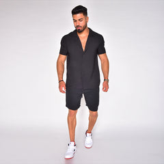 Men Black Short Sleeve Collar Wrap Front Shirt and Shorts Twin Set