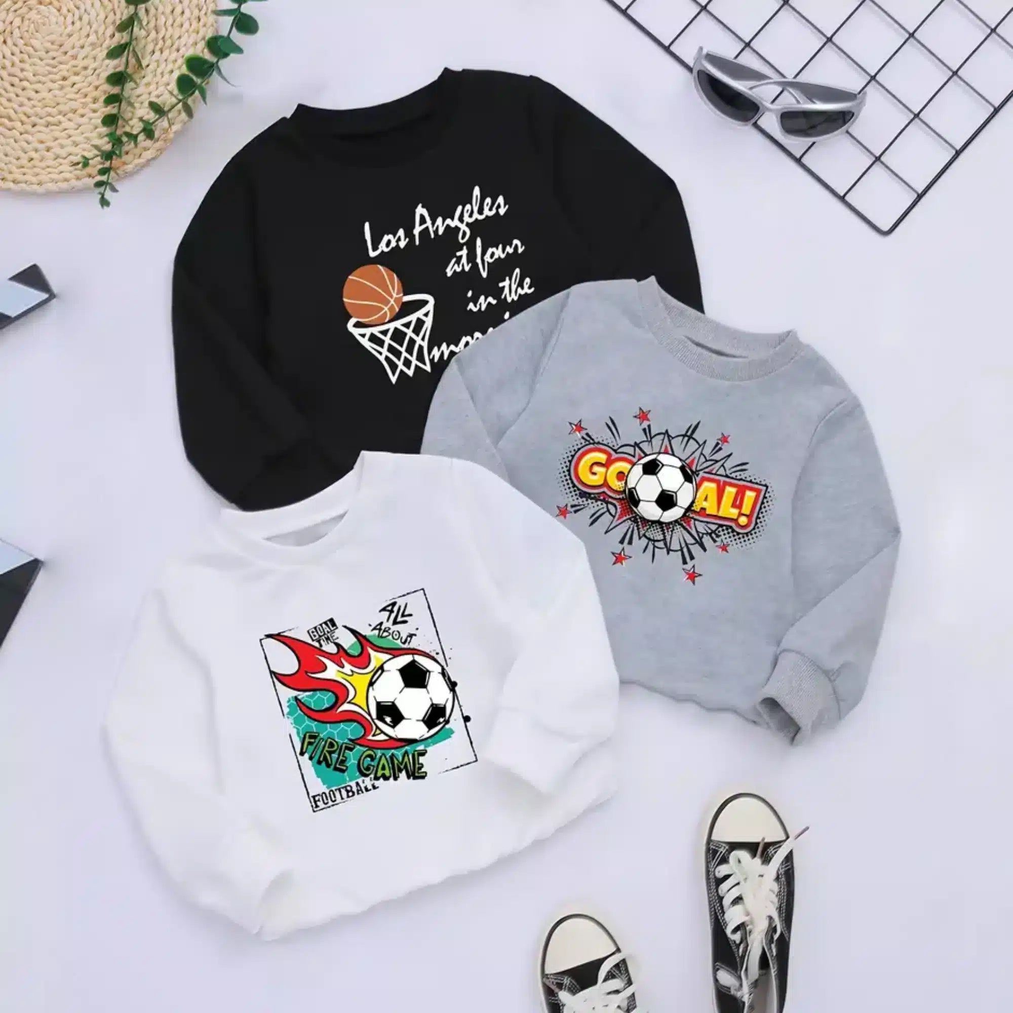 Pack of 3 Fire Game Goal Printed Sweatshirts for Young Kids