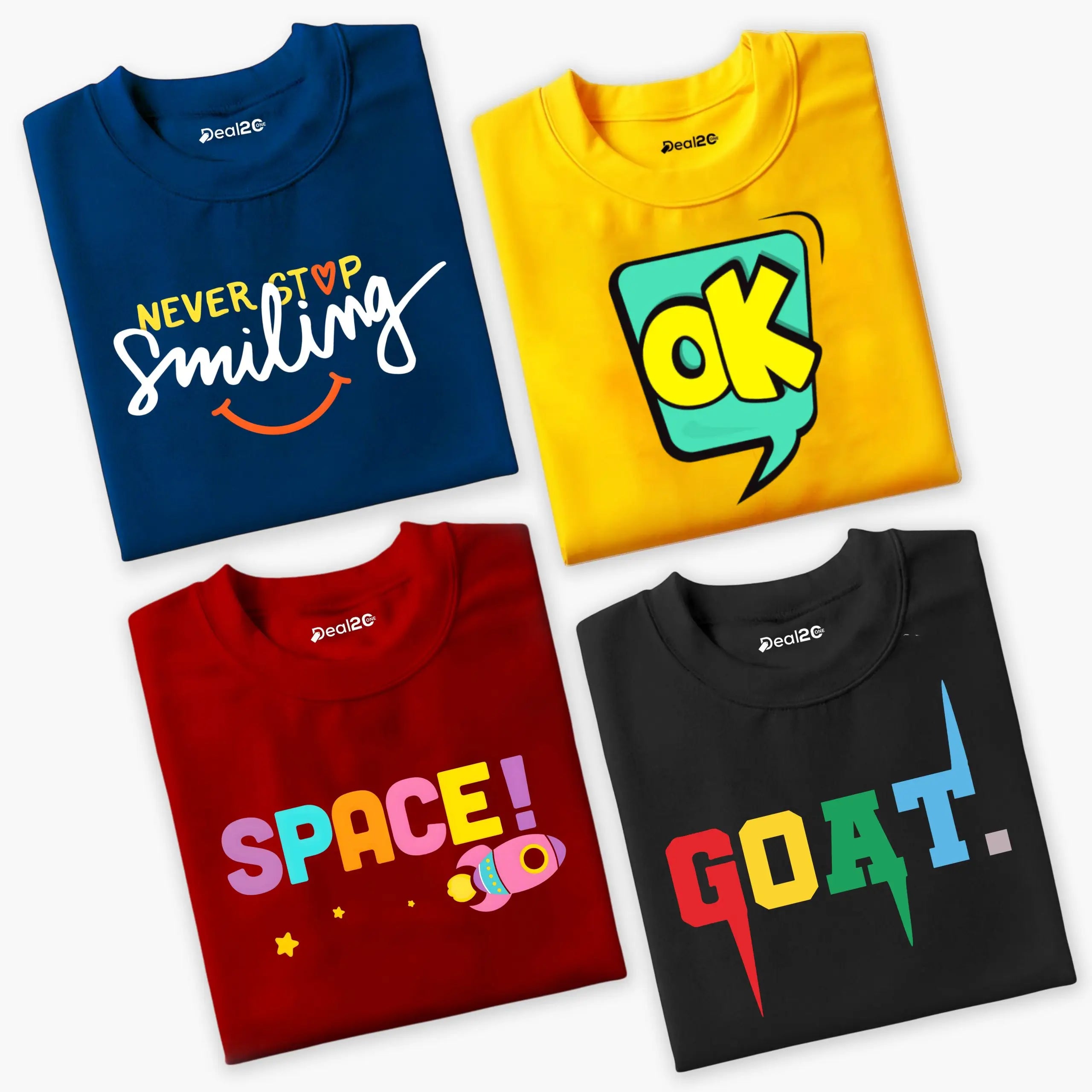 Pack of 4 Kids Goat Space Smiling Ok Printed Summer T-Shirts