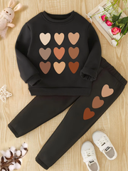 Heart Graphic Print Long Sleeve Sweatshirt Top and Pants Set For Girls