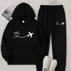 Skyline Heart Printed Black Tracksuit for Women