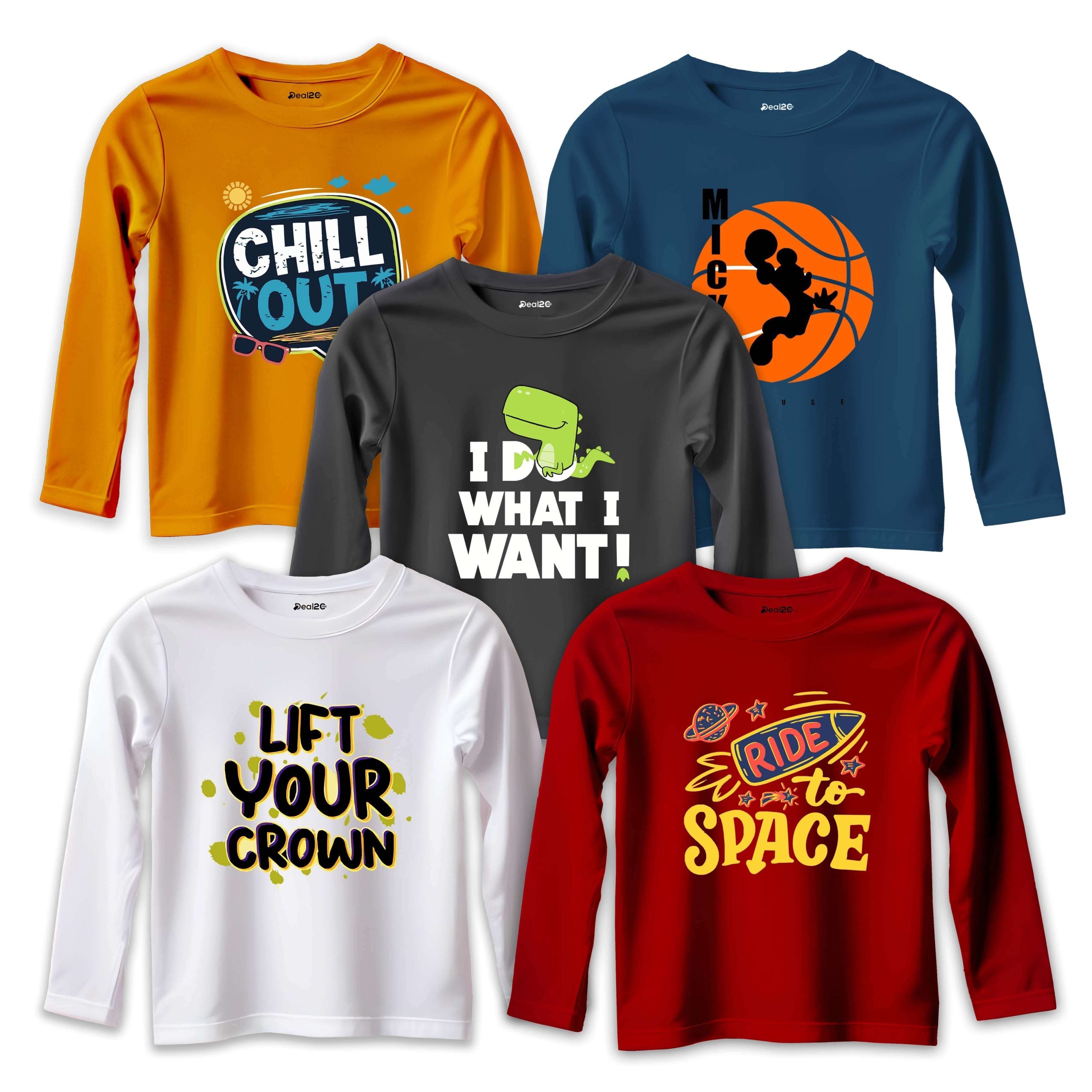 Pack of 5 Chill Your Ride Mickey Printed Long Sleeve T-Shirts For Young Kids