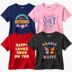 Pack of 4 Differences Rise Looks Happy Printed Summer T-Shirts For Girls