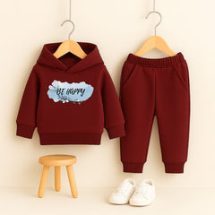 Be Happy Butterfly Printed Maroon Hooded Tracksuit for Girls