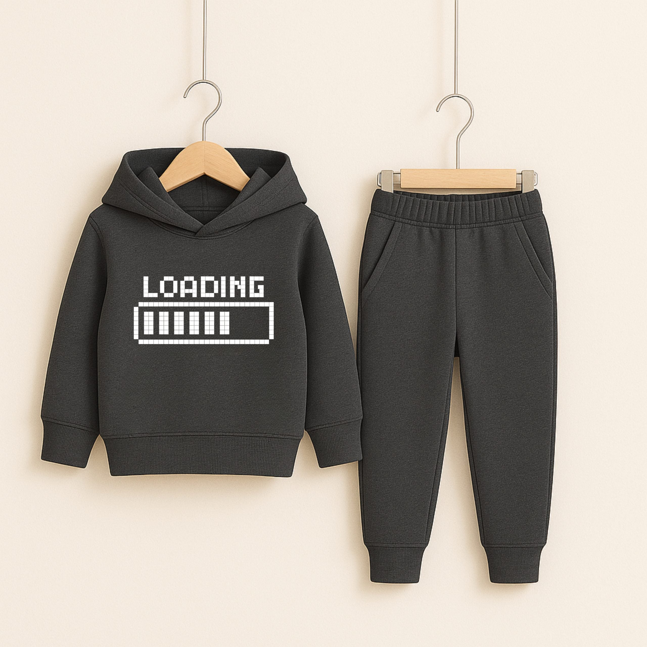 Charcoal Loading Bar Printed Hooded Tracksuit for Young Kids
