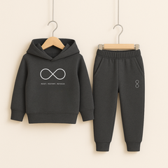 Charcoal Reset and Restart Printed Hooded Tracksuit for Young Kids