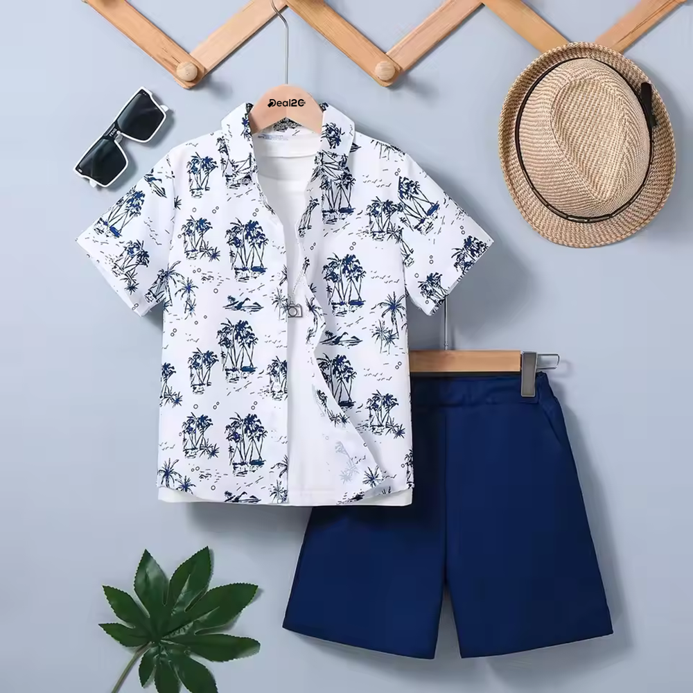 Coconut Tree Beach Printed Summer Short Suit For Kids
