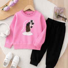 Contrast Charming Balloon Girl Printed Pink Sweatshirt Tracksuit for Girls