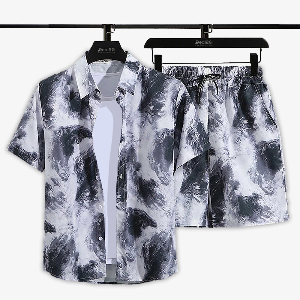 Men Greyish Abstract Printed Summer Beach Short Suit