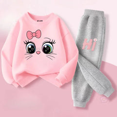 Cute Cartoon Cat Printed Sweatshirt Tracksuit For Girls