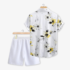 Men White Sunflower Printed Summer Short Suit