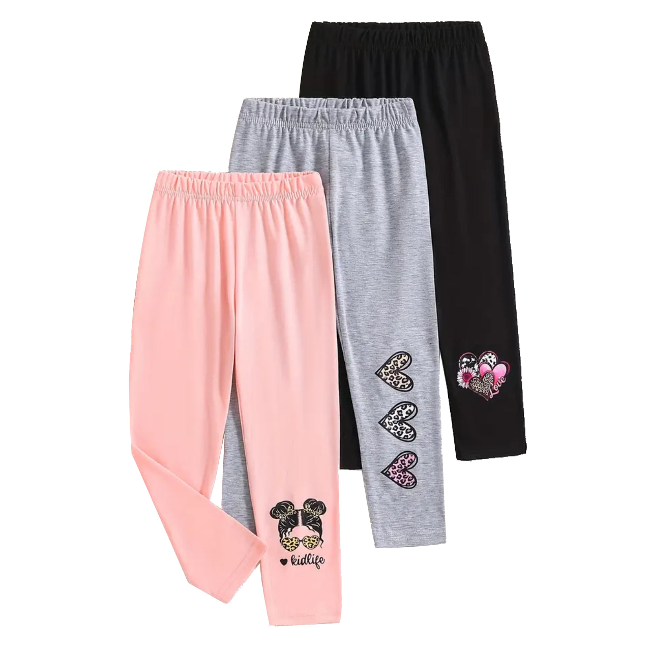 Pack of 3 Kidlife Heart Graphic Printed Leggings