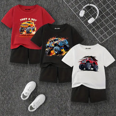 Pack of 3 Monster Tuck Printed Summer Short Suits For Kids