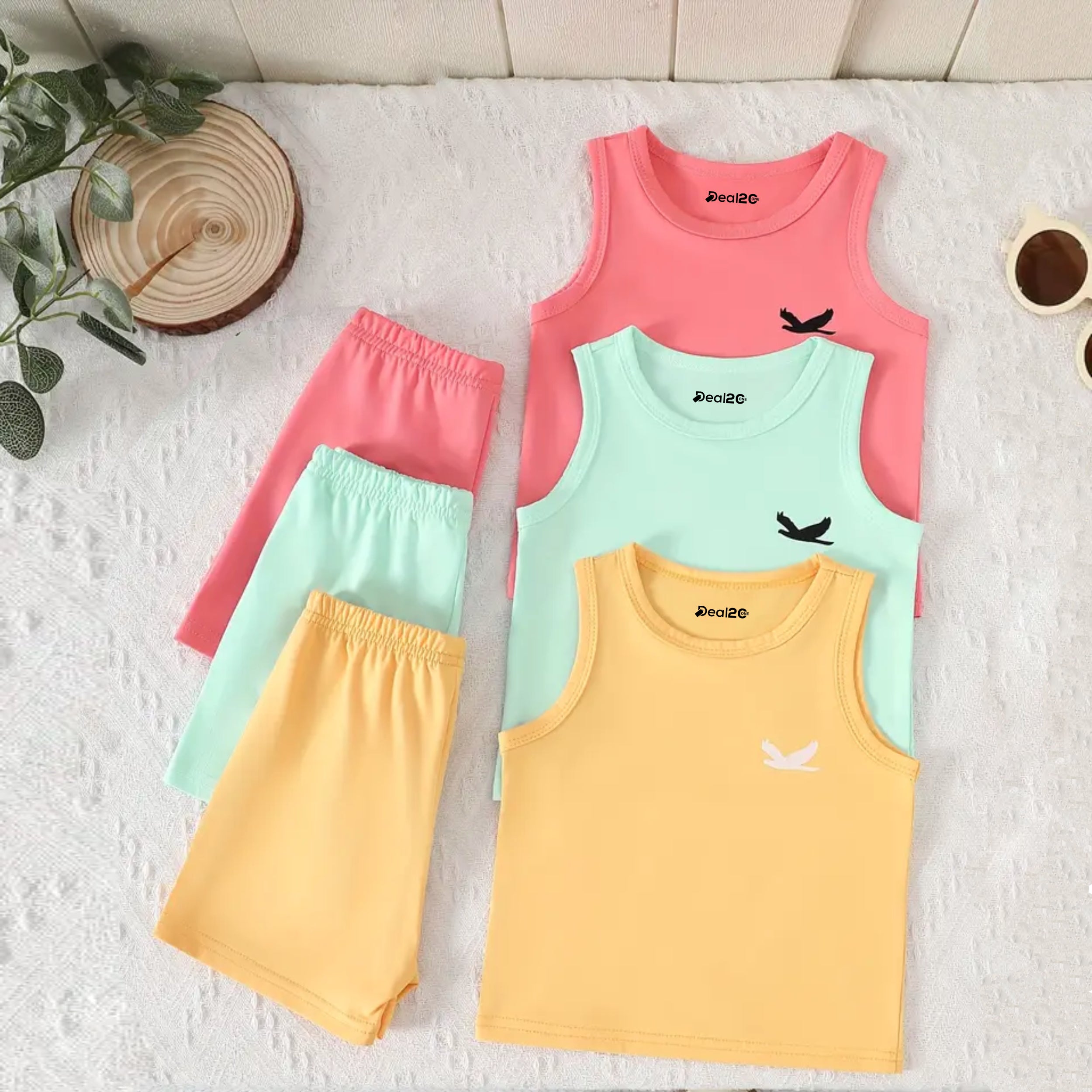 Bundle Of 3 Bright Colors Printed Sando Suit For Kids