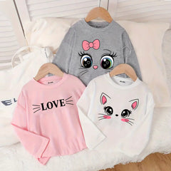 Pack of 3 Love Kitty Eyes Printed Long Sleeve T-shirts for Girls