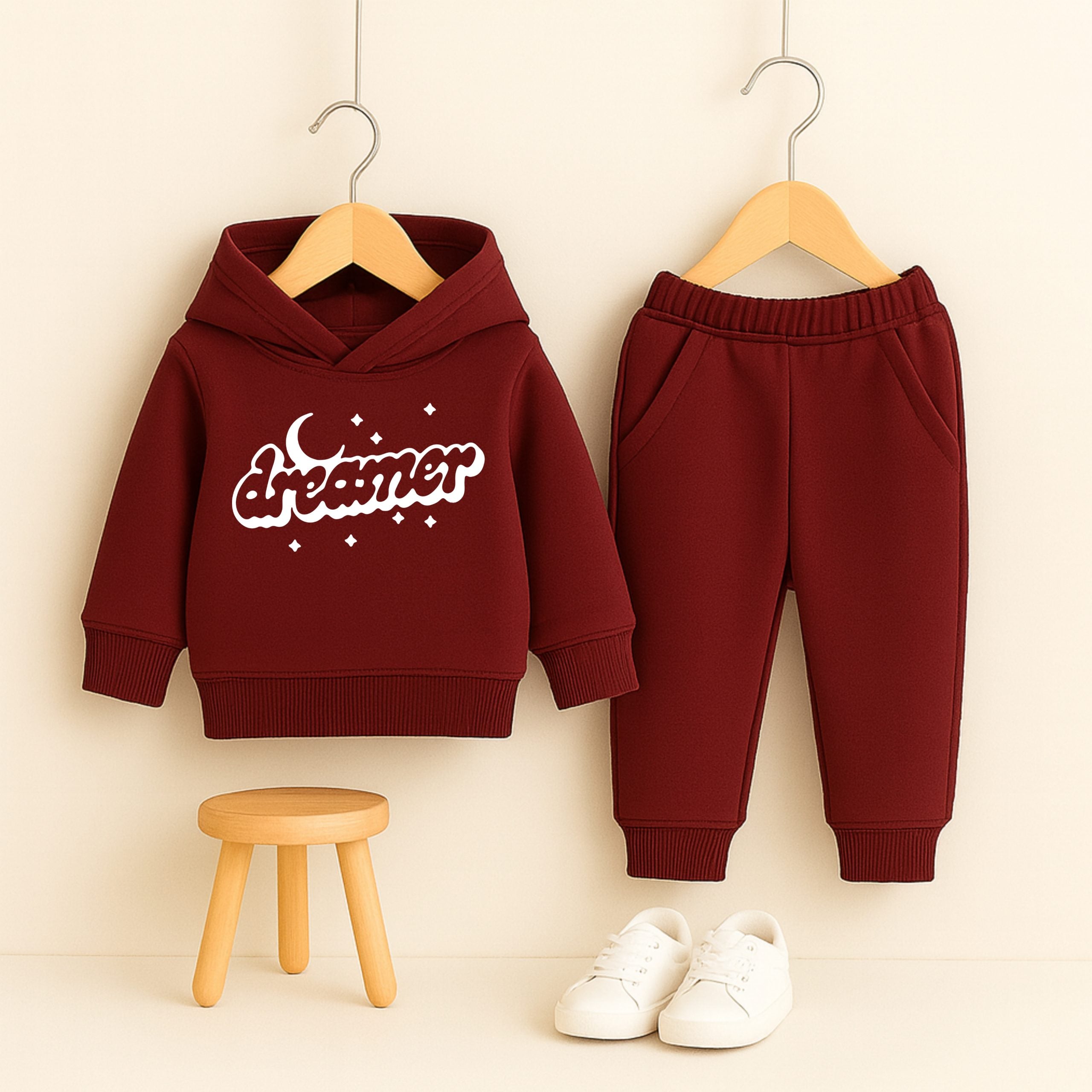 Star Dreamer Printed Maroon Hooded Tracksuit for Young Kids