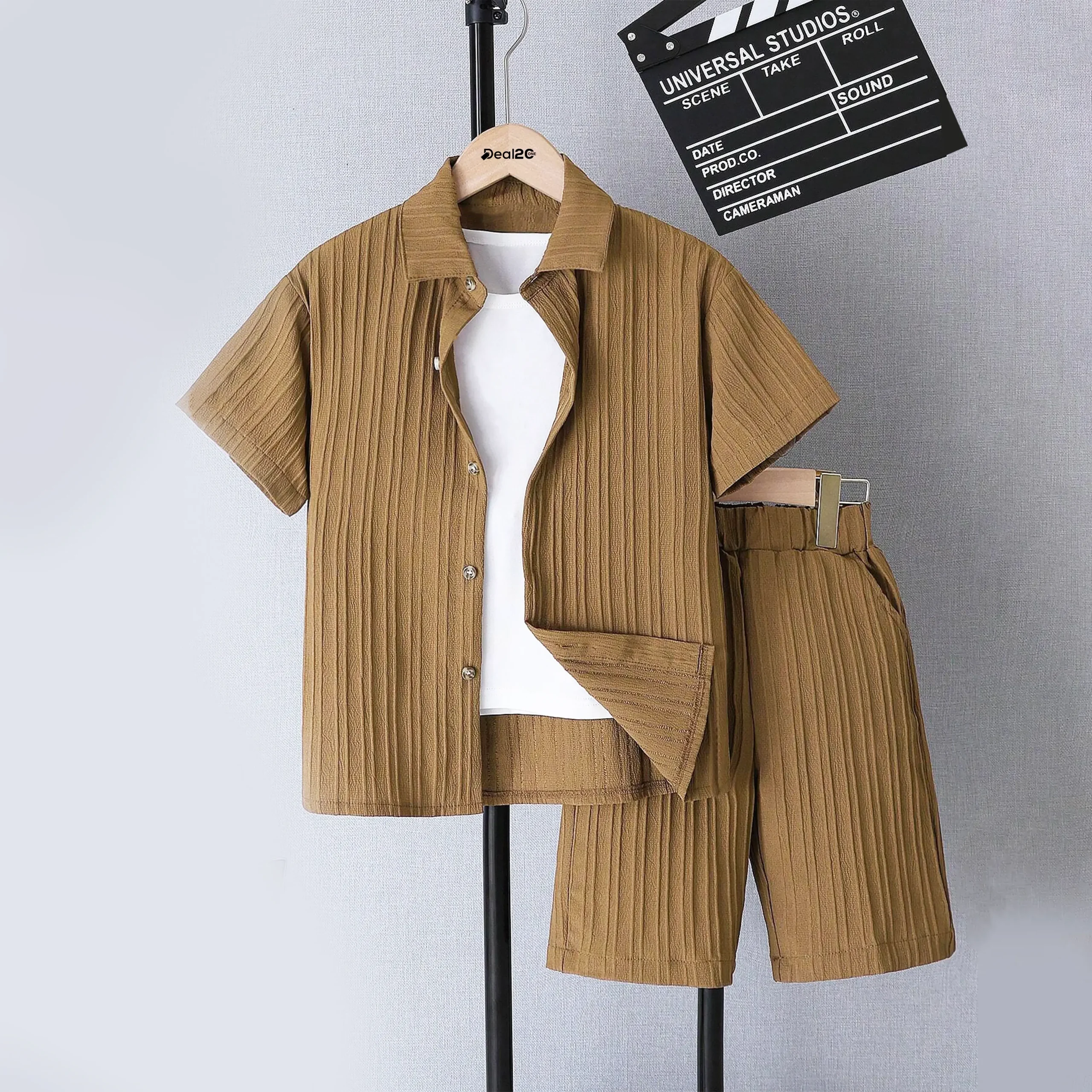 Stylish Ribbed Brown Summer Co-Ord Set for Boys