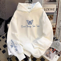 Good Butterfly Printed White Hoodie for Tween Girls