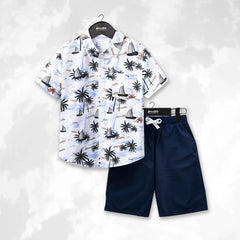Young Boy Tropical Palm Tree Surfing Printed Summer Short Suit