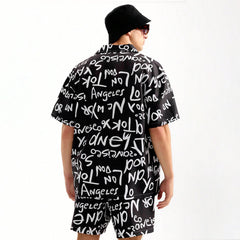 Men Slim Fit Alphabet Printed Spread Collar Casual Summer Short Suit