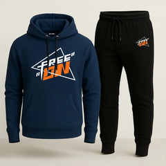 Contrast Navy Blue Free On Printed Hooded Tracksuit for Men