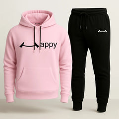 Contrast Black & Pink Happy Printed Hooded Tracksuit for Women