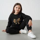 Girls Black Leopard Bow Sweatshirt & Joggers Set