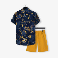 Men Trending Orange and Purple Leaf Printed Shorts Set For Summer Holiday