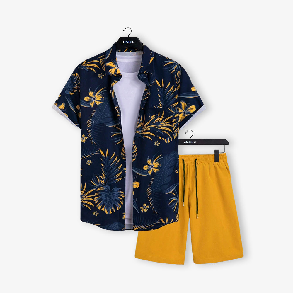Men Trending Orange and Purple Leaf Printed Shorts Set For Summer Holiday