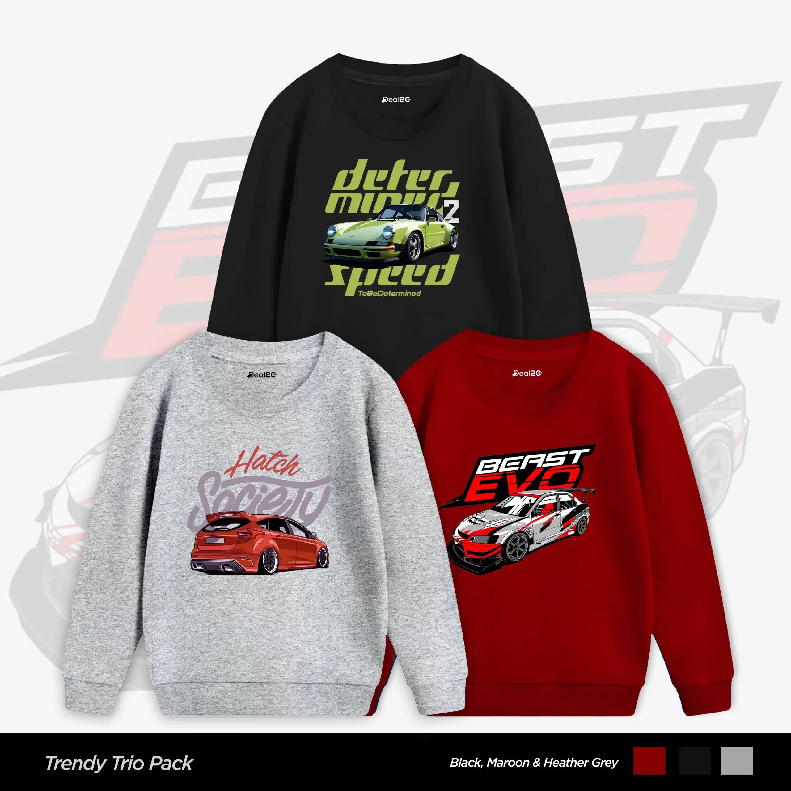 Pack of 3 Beast Speed Car Printed Sweatshirts for Tween Kids
