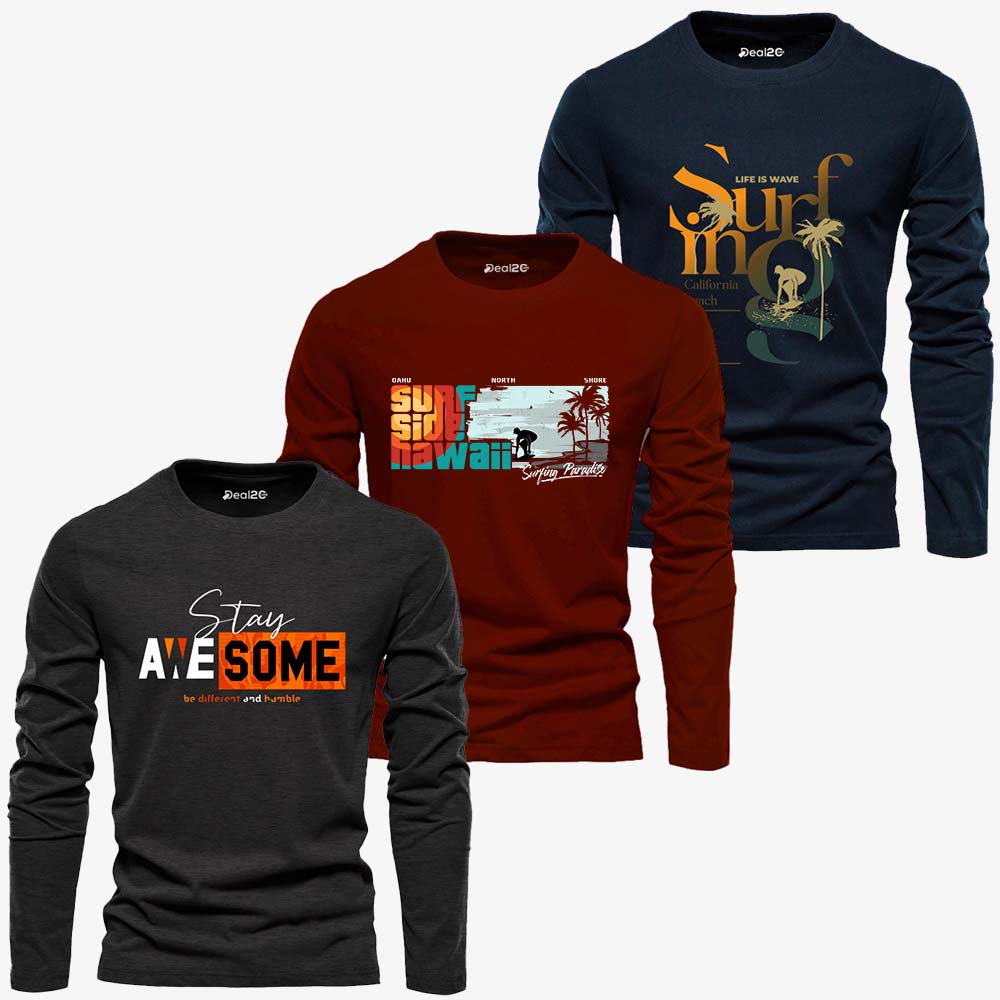 Pack of 3 Awesome Surfing Hawaii Mens Printed Long Sleeves T-Shirts