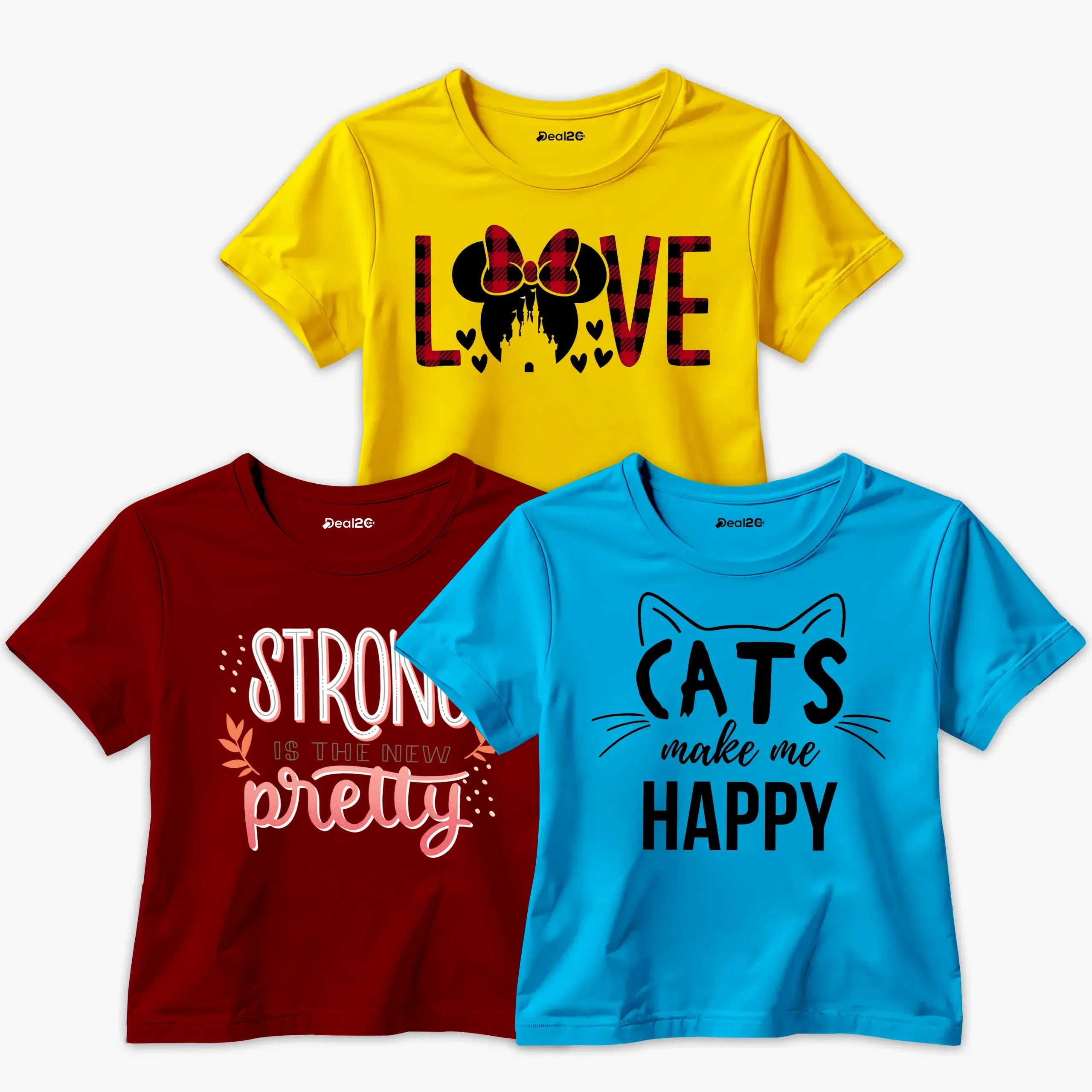 Pack of 3 Love Strong Cat Printed Summer T-Shirts For Girls