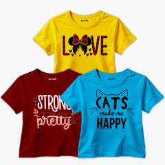 Pack of 3 Love Strong Cat Printed Summer T-Shirts For Girls