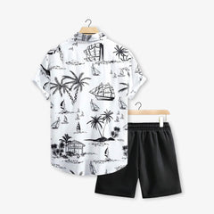 Men Beach Sailboat Tree Printed Casual Summer Short Suit