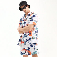 Men Beach Shark Palm Printed Summer Short Suit