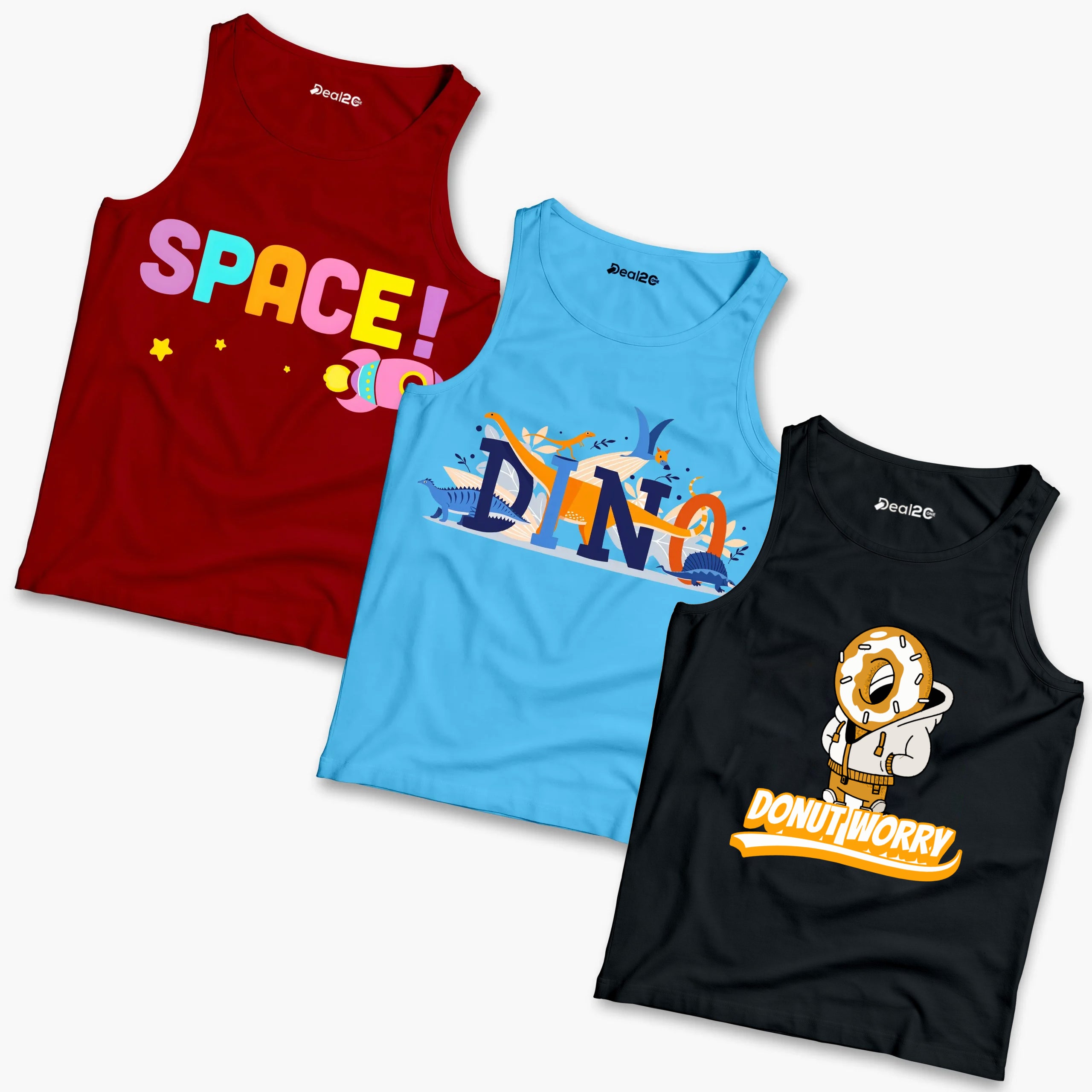 Pack of 3 Dino Space Donut Worry Kids Printed Tank Tops