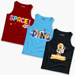 Pack of 3 Dino Space Donut Worry Kids Printed Tank Tops