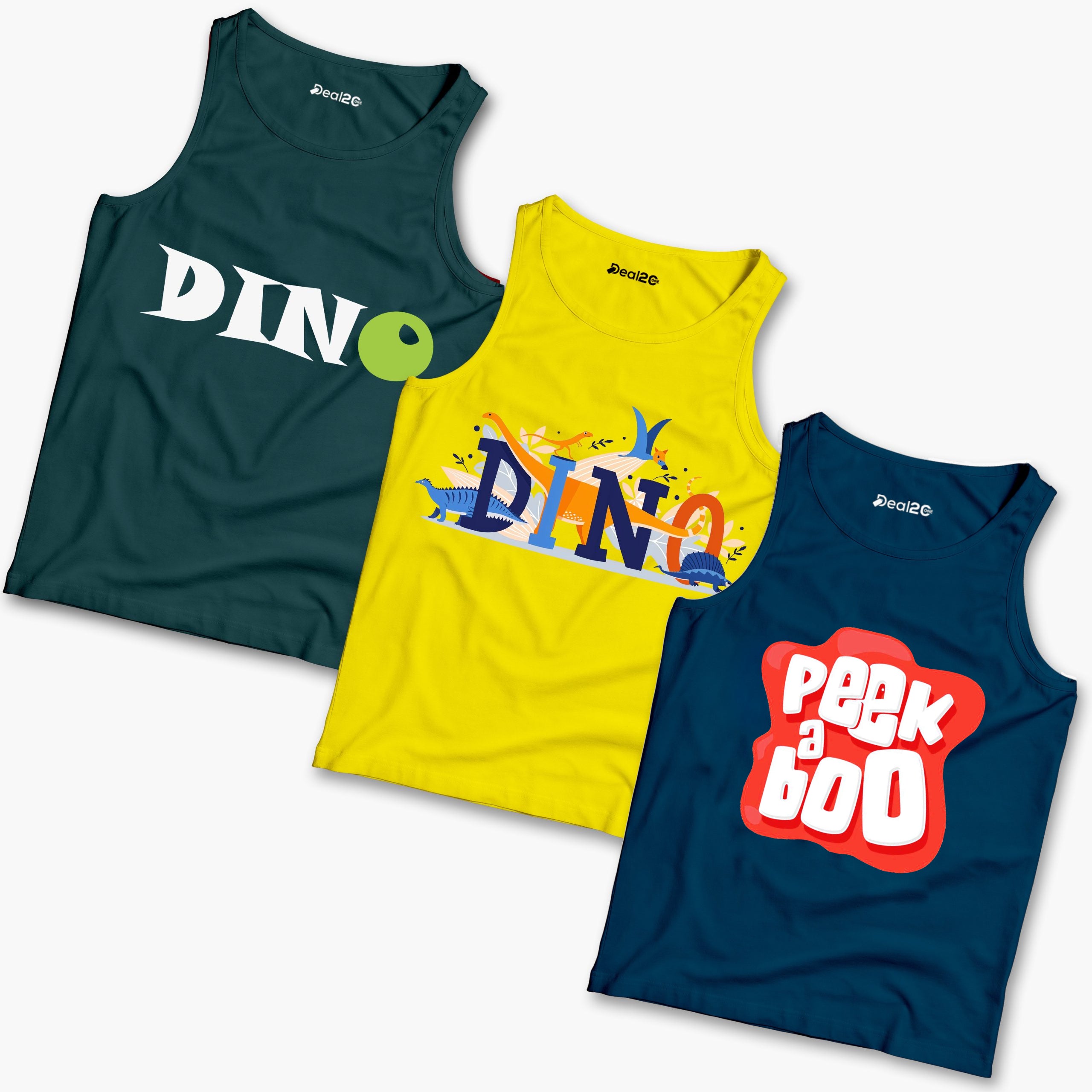 Pack of 3 Dino Peek a Boo Kids Printed Tank Tops