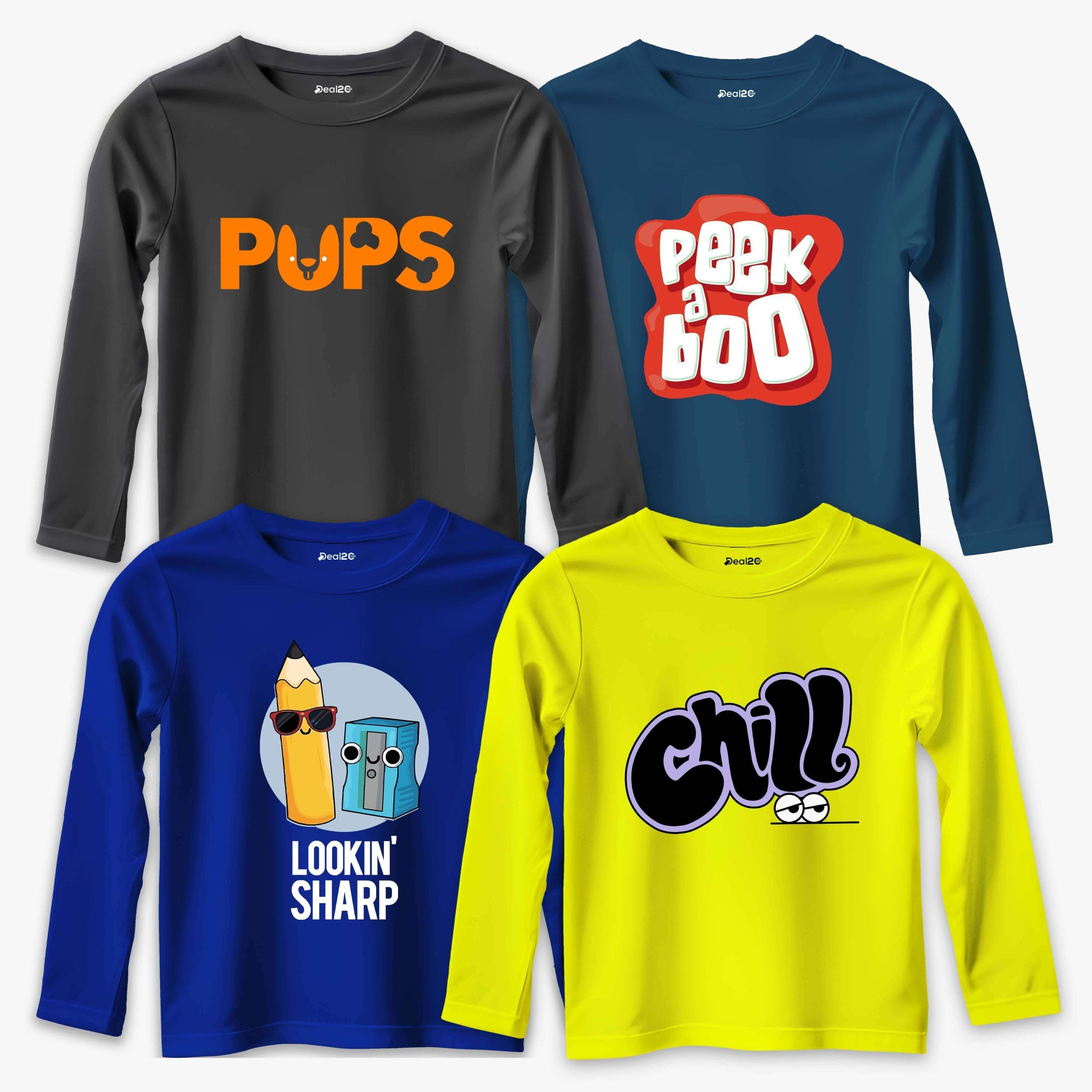 Pack of 4 Pups Peek Chill Long Sleeve T-shirts For Young Kids